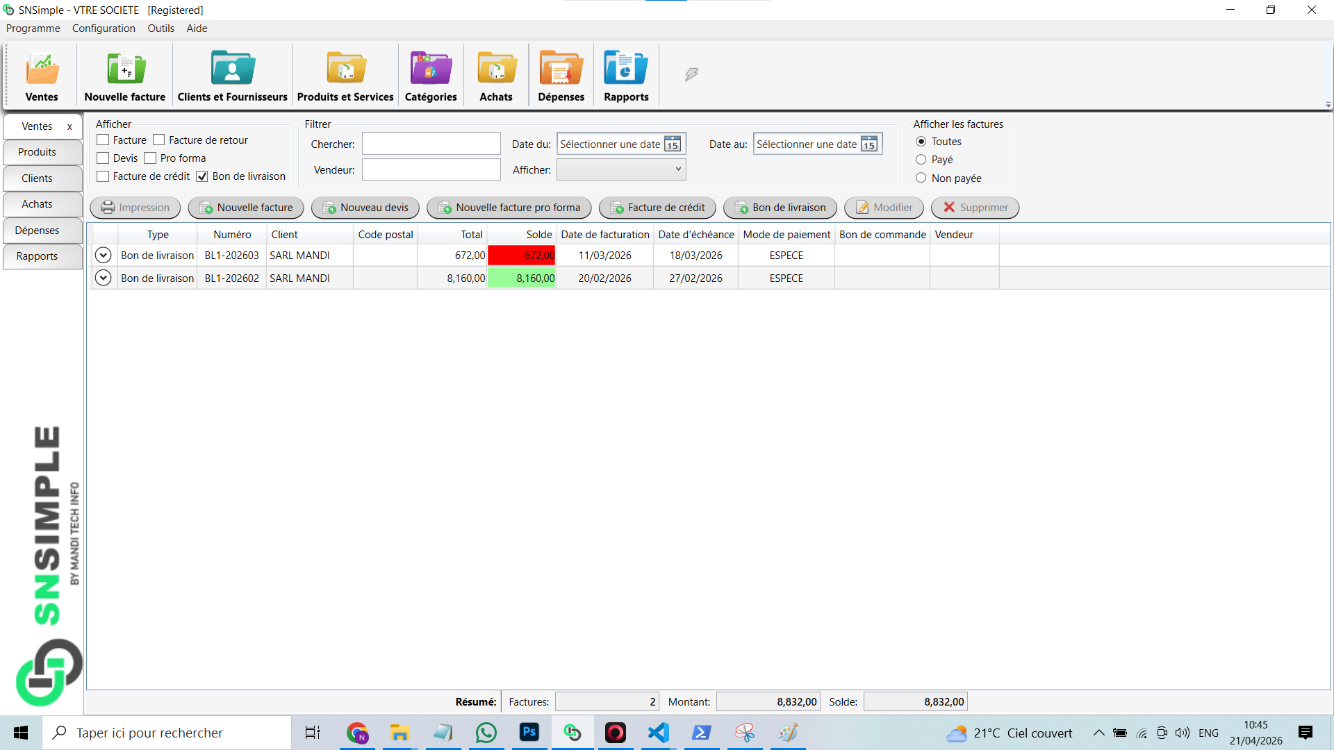 Gestion bons de livraison